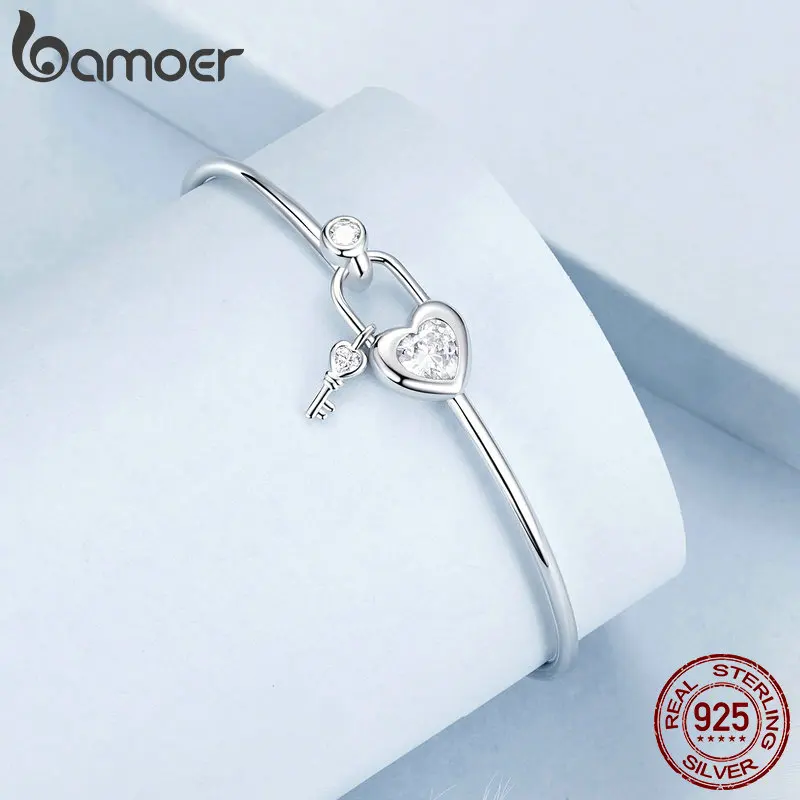 BAMOER Dainty 925 Sterling Silver Lock Bar Bracelet for Women Delicate Thin Cuff Bangle Bracelet White Gold Plated Jewelry