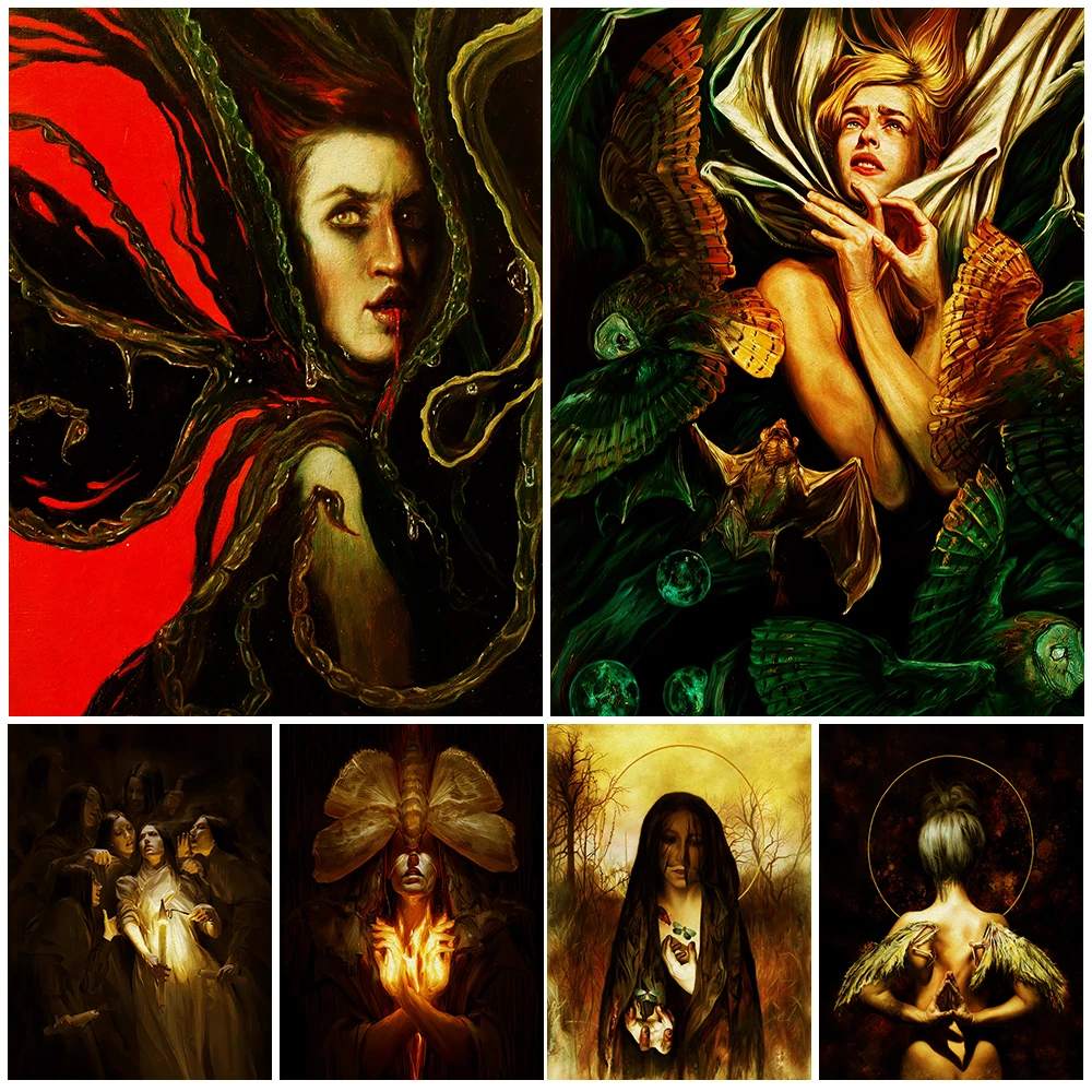 

Witches In Bats And Owls Vintage Wall Art Canvas Print The Witchcraft Of The Horrible Moth Witch Art Poster And Print Home Decor