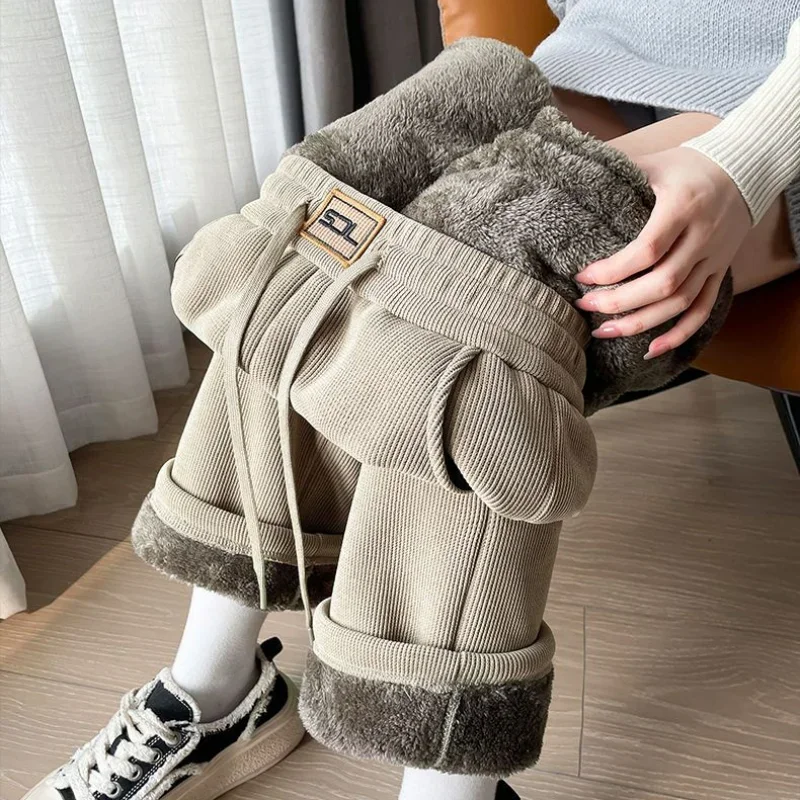 

Осень-зима, флисовые женские утепленные брюки, корейские модные вельветовые однотонные повседневные теплые прямые брюки с эластичной резинкой на талии