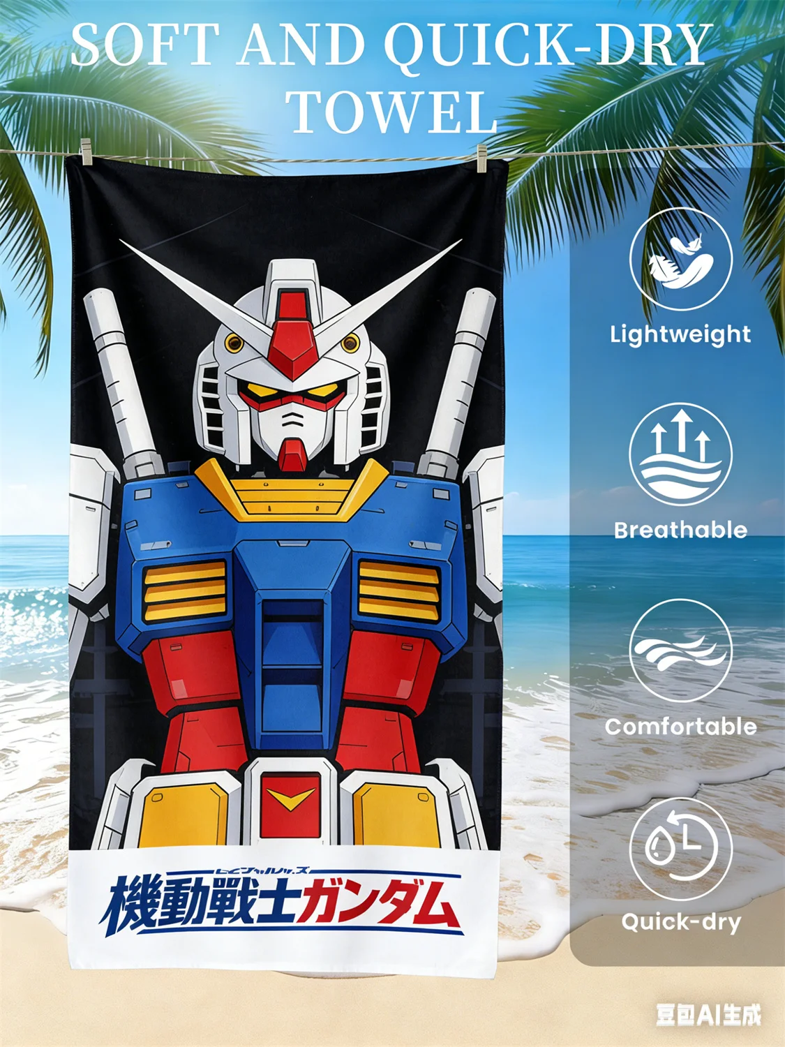 Gundam Strandtuch, Anime-Fan-Favorit mit Mecha-Print, schnell trocknendes Handtuch für Strand, Pool, Urlaub und Sci-Fi-Enthusiasten