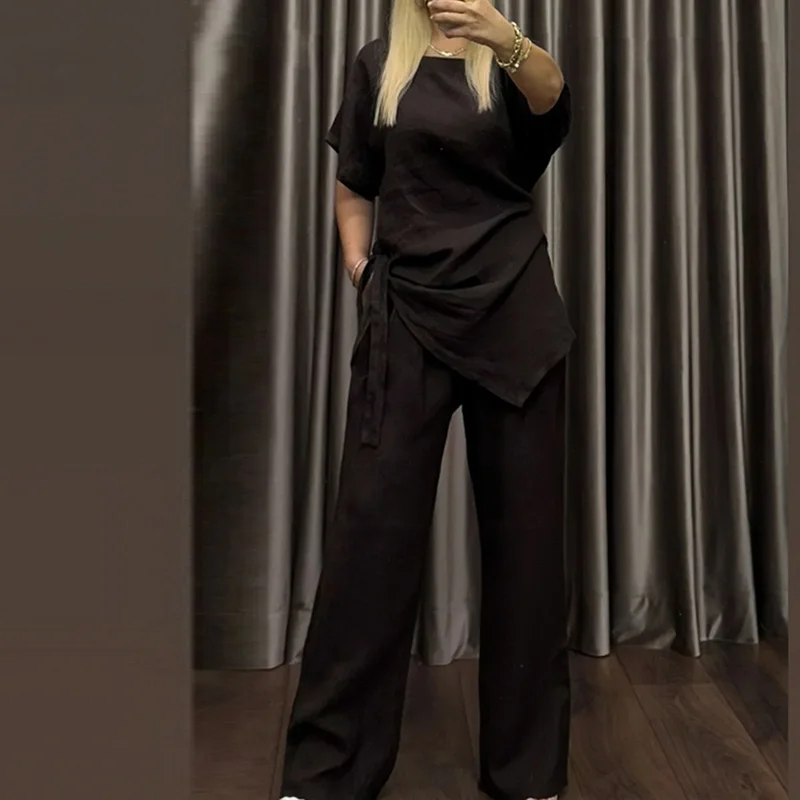 

Women Casual Short Sleeve Solid Suits Elegant Cotton Linen Lace-Up Irregular Loose Outfits Fashion O-neck Top & Pocket Pant Set