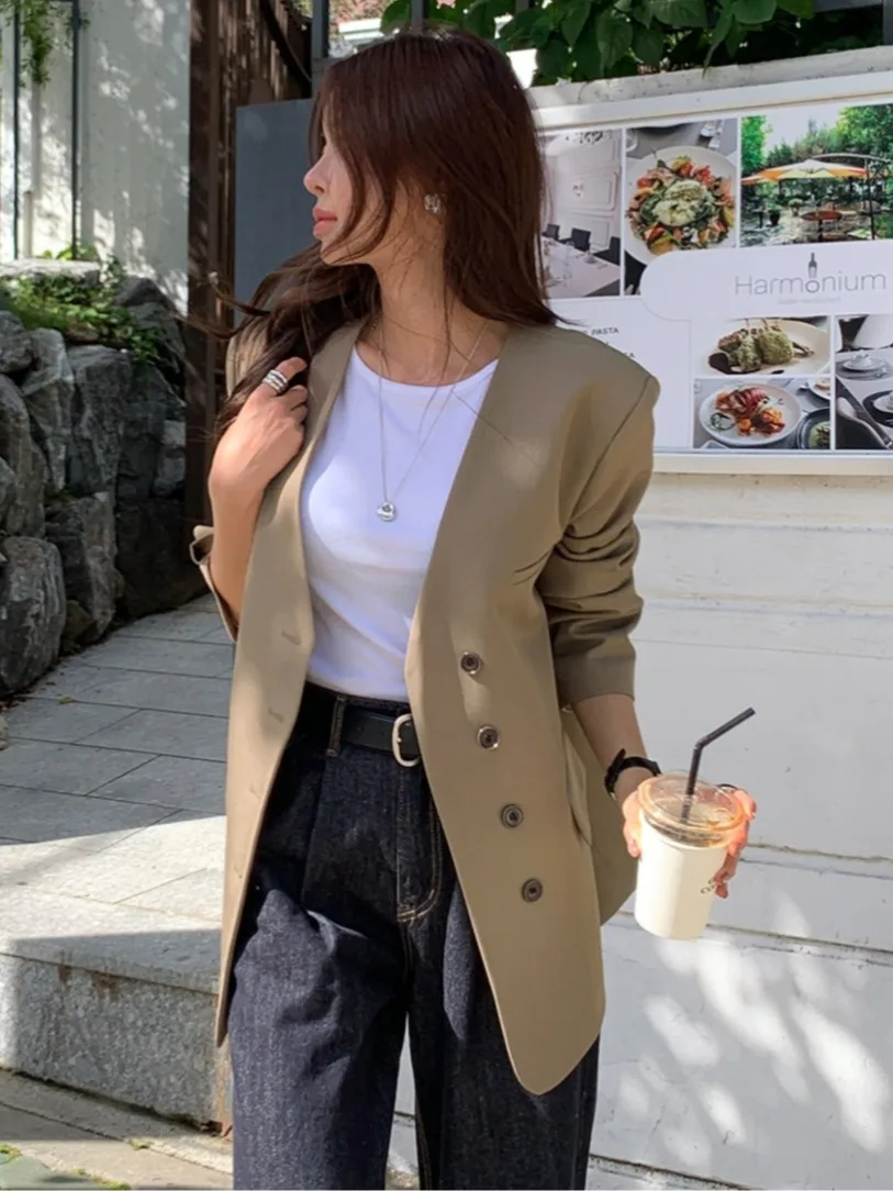 

Simple V-ne Single Button Versatile Jaet Suit Korean Sle Autumn Winter New Arrival Faionable Commute Wind Regular Fit