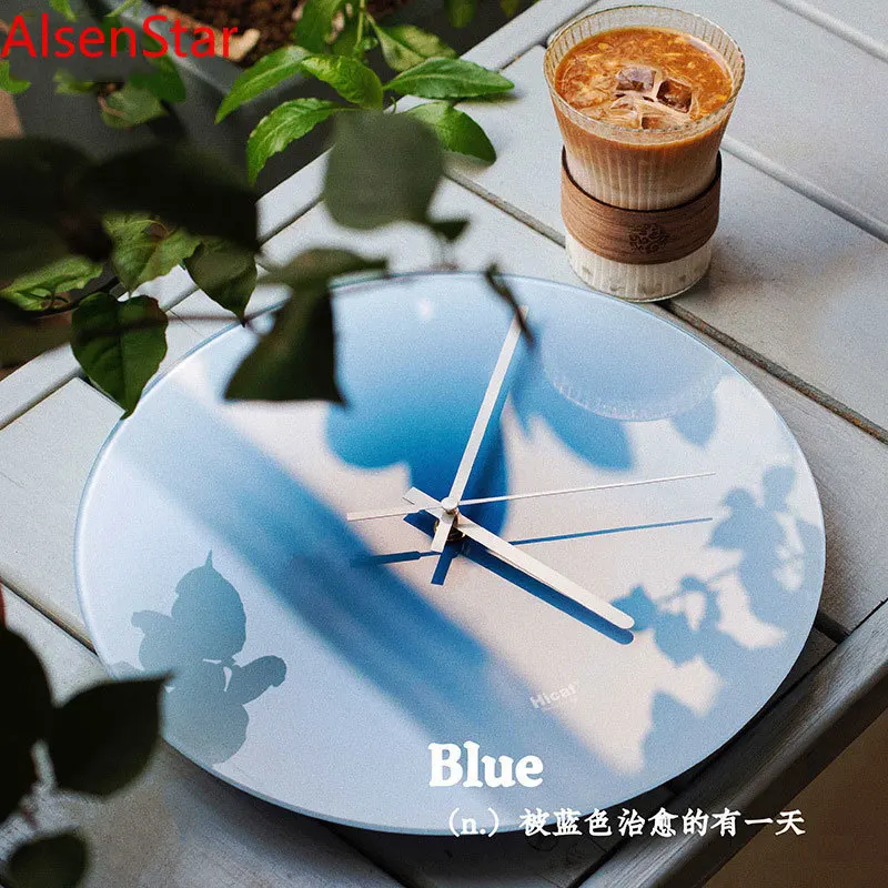 Nordic Style Gradient Sunset Wall Clock Light Luxury Living Room Punch-free Mute Glass Wall Hanging Clock Watch Home Decoration