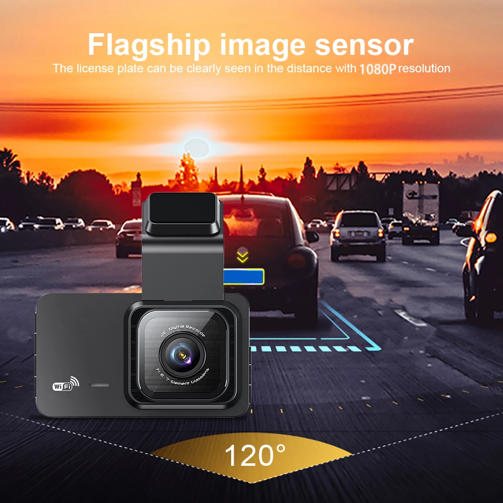 Registratore di guida a doppia lente anteriore e posteriore da 3 pollici 1080P ad alta definizione integrato nel WIFI 120 °   Dash Cam per auto