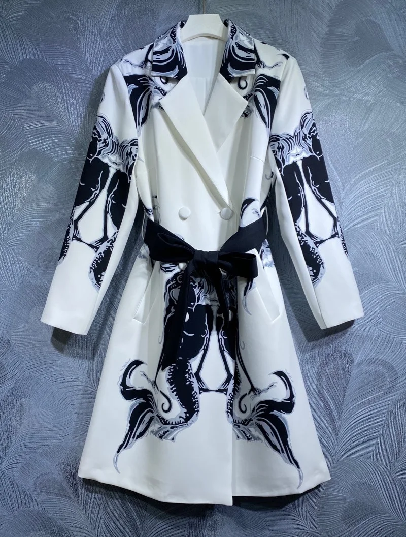 

New 2024 Spring Autumn Fashion Long Coat Trench High Quality Women Runway Prints Adjustable Belt Deco Double Breasted White Coat