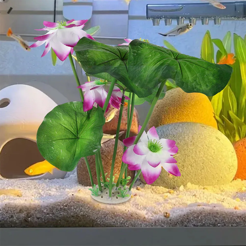 2 pezzi di piante artificiali per acquario, fiori di loto in plastica ad alto realistico, decorazioni realistiche per acquario, steli verdi, foglie per acquario