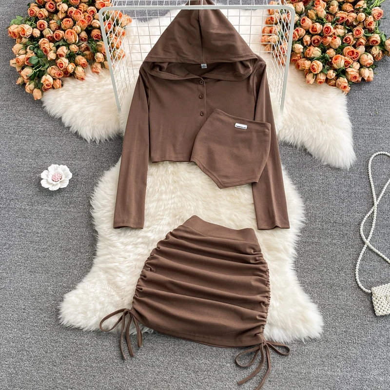

Female Hot Sweet 3pcs Suit Hooded Coat Tees Ruched Shirring Skirts Set Y2K Ins Chic Solid Outfit Autumn Summer Night Club Wear