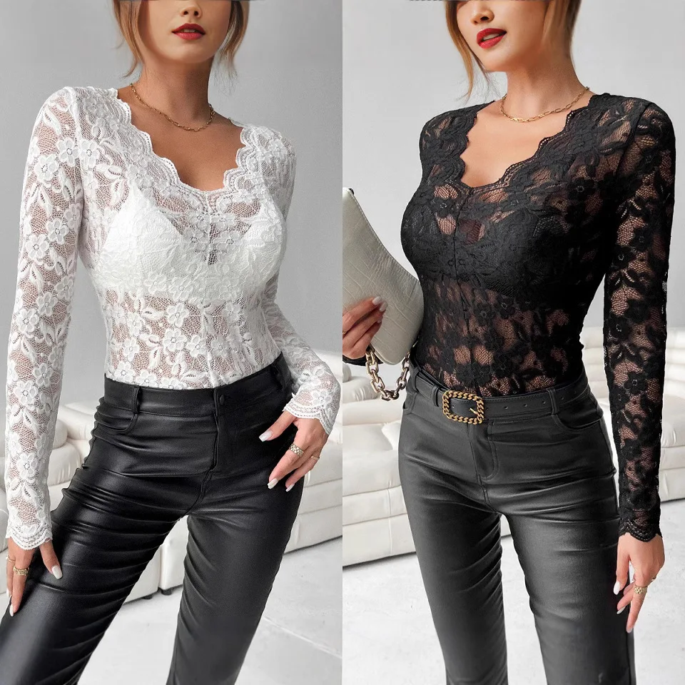 Elegant V-neck Fan-shaped Collar Single-layer Solid Color Lace Long Sleeved T-shirt Slim Fit and Slimming Top for Women