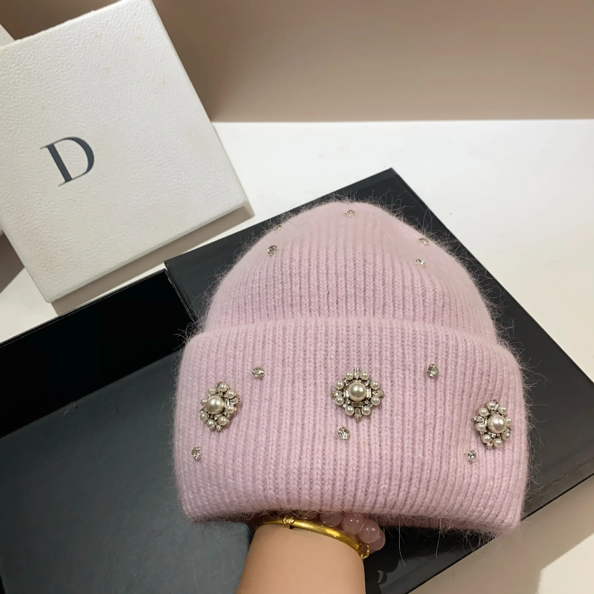 Pearl Rhinestone Rabbit Fur Beanies Fluffy Winter Hat for Women Angora Soft Warm Knitted Hat Beanies Female Bonnet  Knit Cap