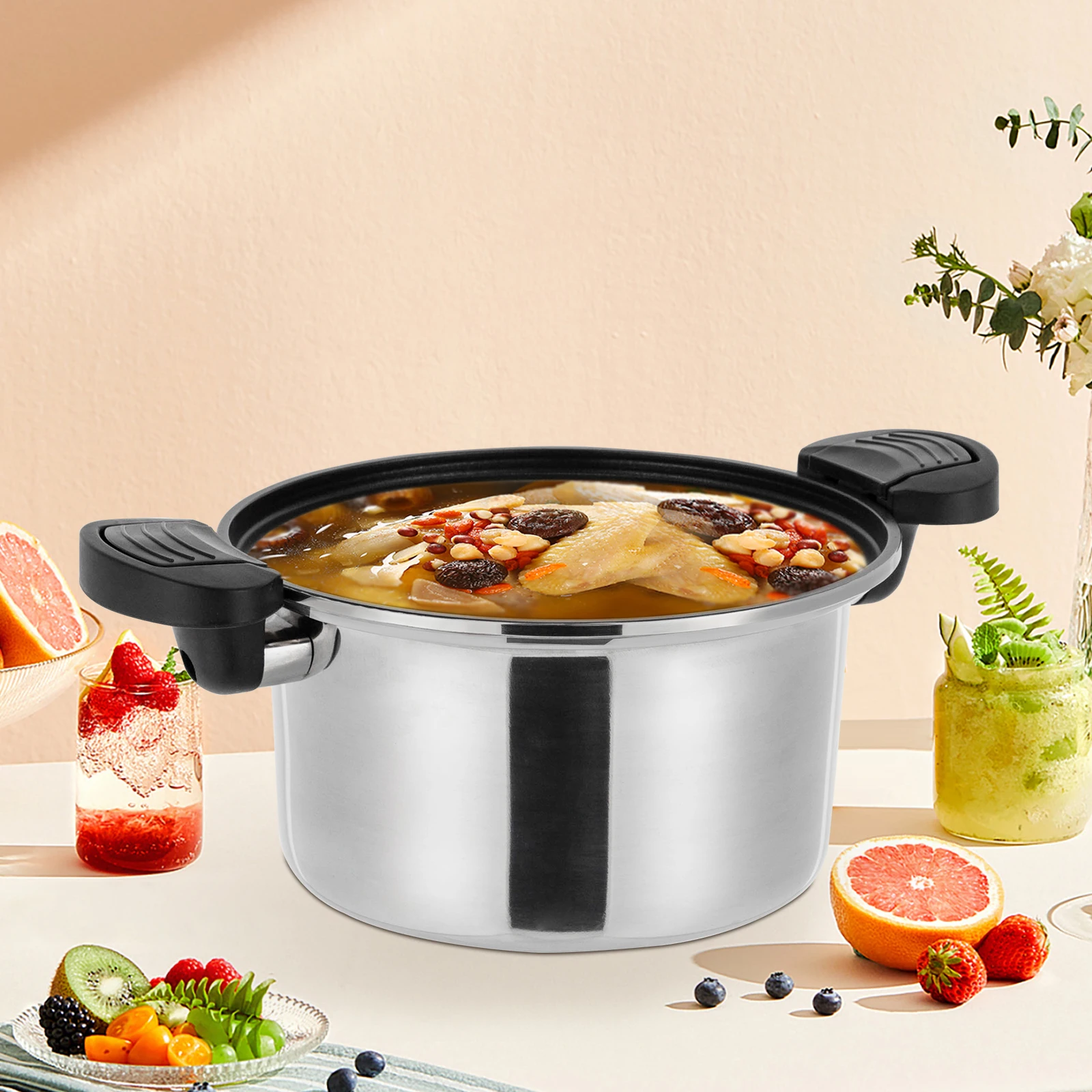 Silver Stainless Steel Micro Pressure Cooker with Non-Stick Coating, Ideal for Quick Meals and High-Pressure Cooking