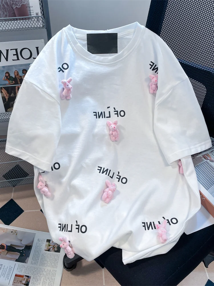 

Hikigawa Chic Fashion Women Sweet 3D Cartoon Bear Doll Short Sleeve T-Shirts Summer Casual All Match Letter Print Tops Mujer