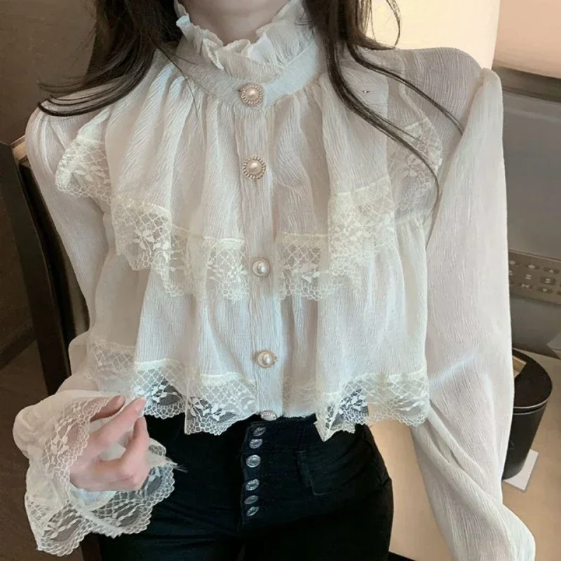 

2024 Elegant White Blouse Women Blusas Stand Neck Chiffon Shirts Vintage Long Sleeve Ruffles Lace Blouses Tops