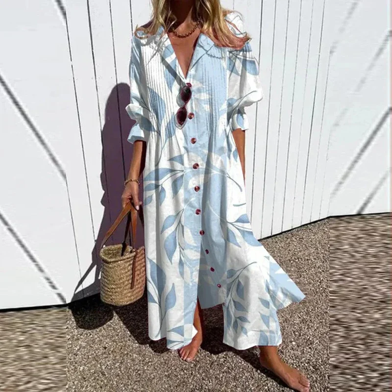 Women\'s Retro Geometry Circle Print Long Dress, Spring Single Breasted Lapel Shirt Dress, Summer Puff Short Sleeve, A-Line Boho