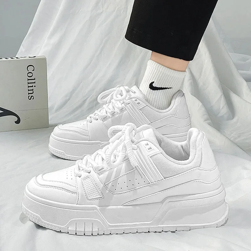 Men's Casual Breathable Leather Panel Low-Top Fashionable White Sneakers Youth Sports Shoes Comfortable Polyurethane Insoles