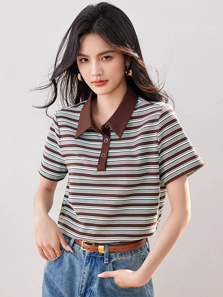 Korean Style Women Retro Stripe Short Sleeve T-shirt Summer New Fashion Casual T-Shirt All-match Lapel Pullover Tops