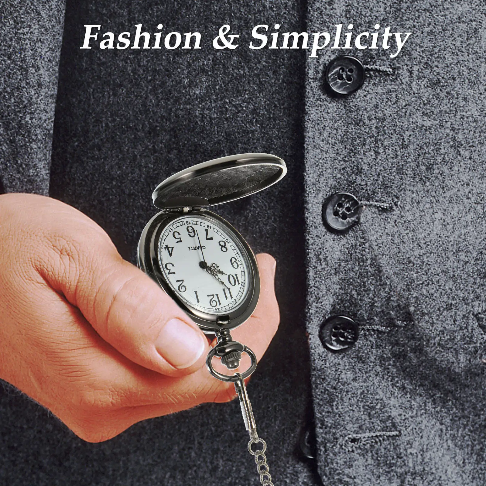 Laser Engraved Pocket Watch with Quartz Movement, 3D Simple Letter Design, Elegant Hanging Gift for Father's Day
