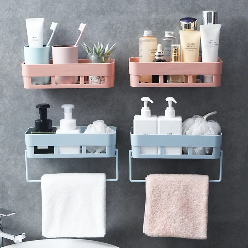 Bathroom Shampoo storage with Removable Towel Rack No Holes Needed Kitchen Organizer Wall Mounted Desktop Dual Shelf Organizer