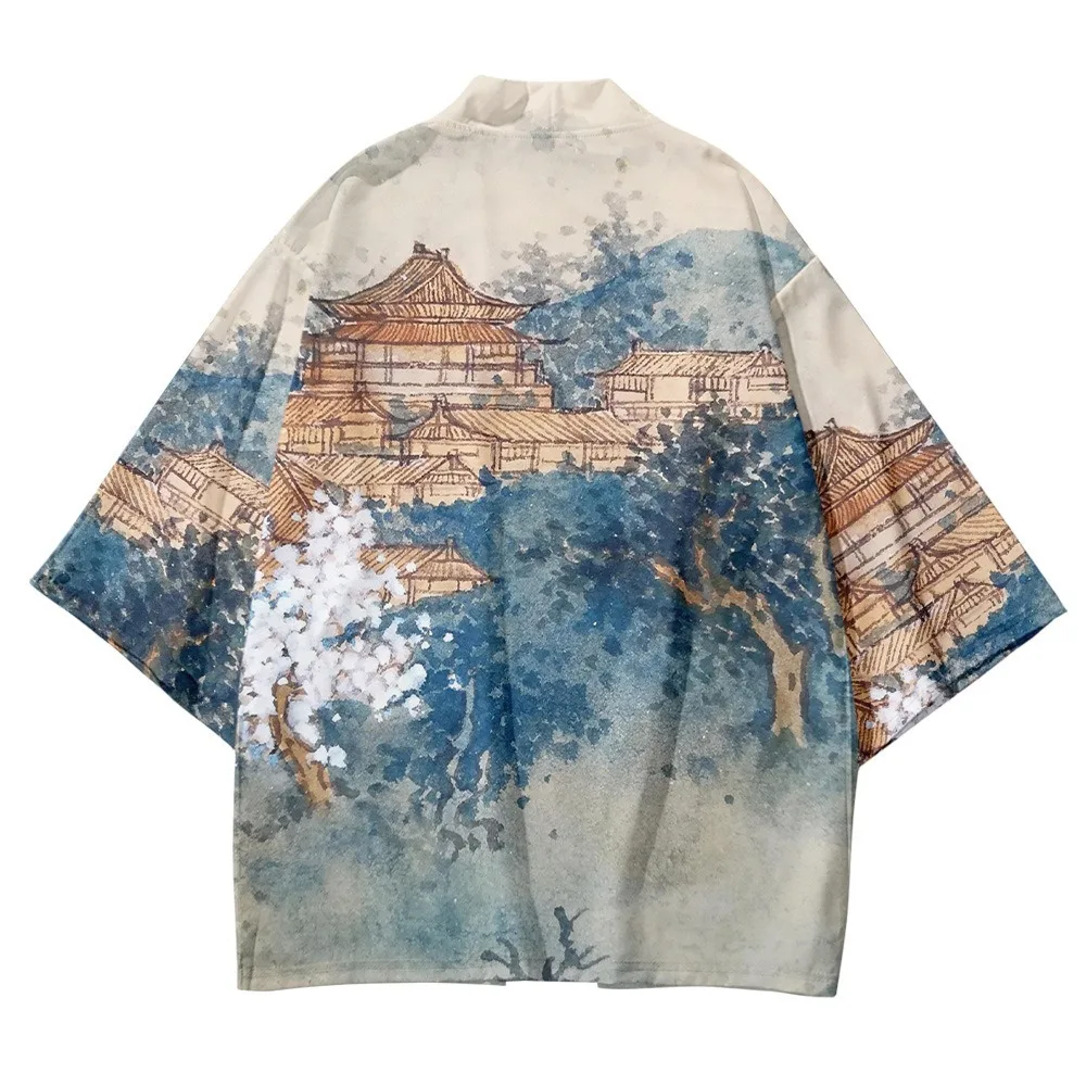 Fashion Kimono Haori Yukata Streetwear Kimono Unisex Tops Landscape Print Robe Beach Bathrobe Cosplay Japanese Harajuku Clothes