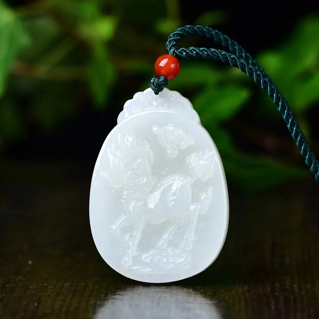 Exquisite Hetian Jade Unicorn Blessing Pendant Jewelry 3699#