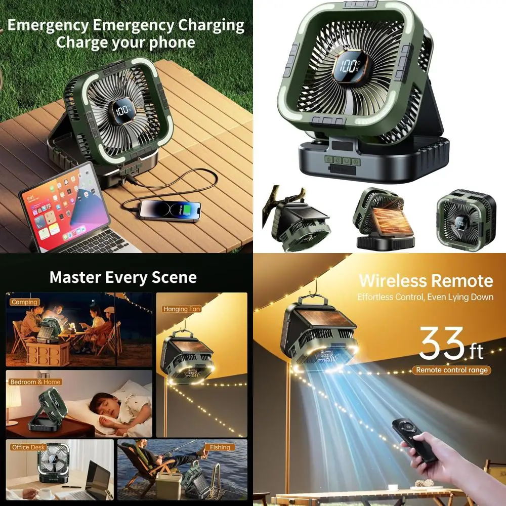 

Portable 10000mAh Solar Camping Fan with LED Light, 6-Speed, Digital Timer, 120° Swivel for Outdoor and Indoor Use (Green)