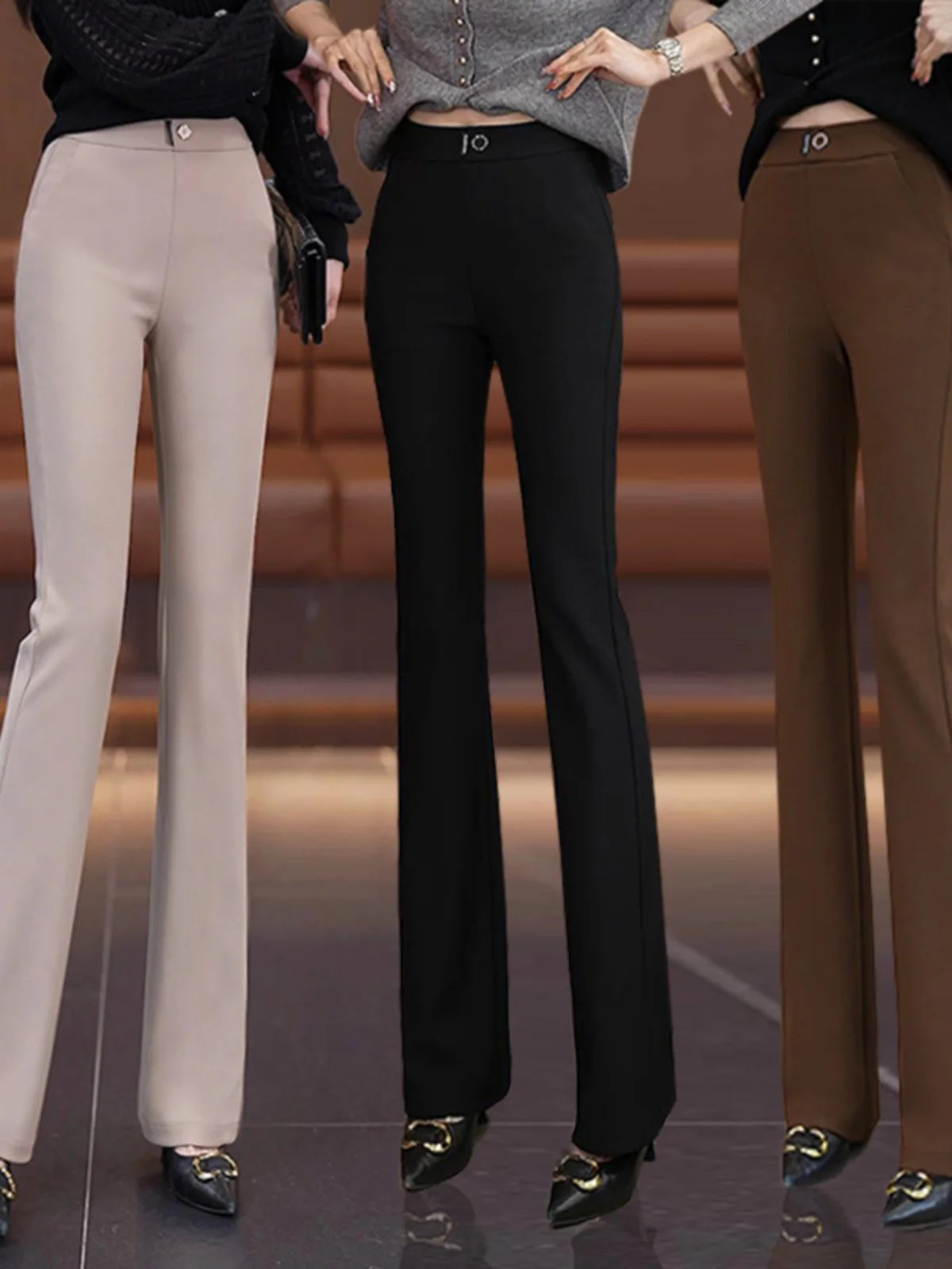 

Эластичные повседневные брюки-клеш с высокой талией для коррекции фигуры, весна 2024, новый стиль, универсальные модные женские брюки с высокой талией