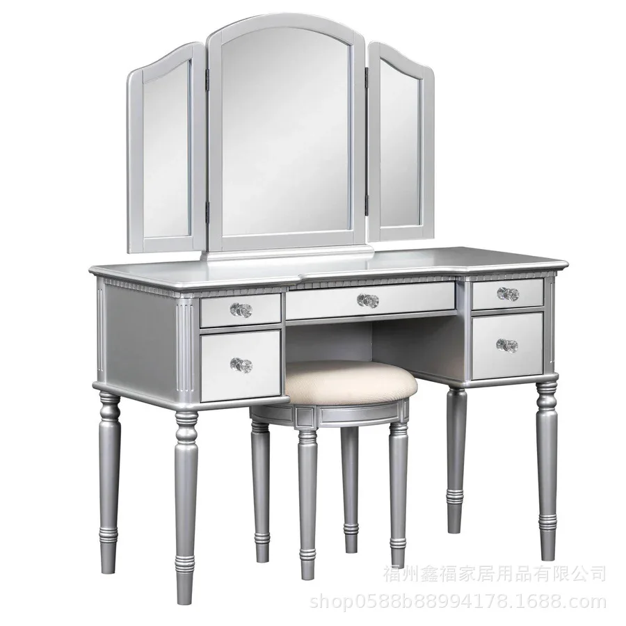 

Silver/gold 43-inch dresser set with mirrored drawers and stool
