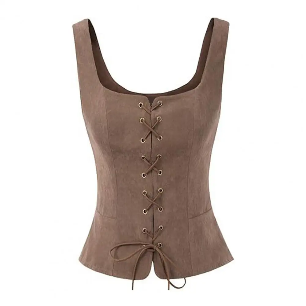 Medieval Women Vintage Suede Corset Top Lady Vest Lace-up Strap Renaissance Square Neck Sleeveless Slim Fit Waistcoat Cosplay