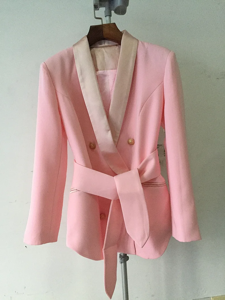 Pink Blazers With Belt for Women 2023 Autumn Winter New Fashion Casual Long Sleeve Jacket Coat Double Button Slim Blazers