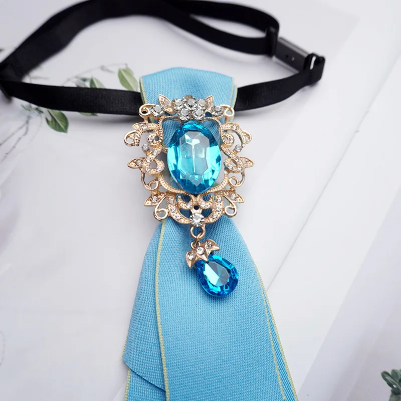 Vintage Court-Style Blue Rhinestone Gemstone Tie-Free Small Tie for Women, Shirt Collar Accessory, Dress Performance Jk Lolita Decorative Bow Tie