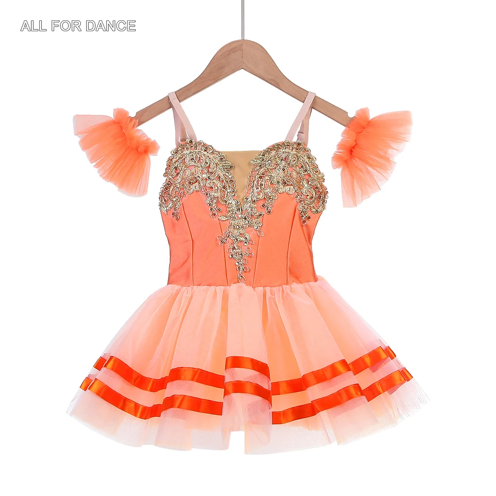 ชุดบัลเลต์สำหรับผู้ใหญ่หญิง 25030 สีส้มกำมะหยี่แต่งขอบทอง พร้อมกระโปรงบัลเลต์ทรงพอง สำหรับการแสดงบนเวที