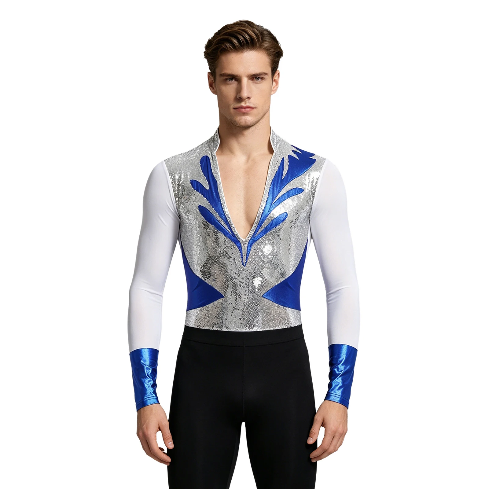 Herren Gymnastik Latin Ballett Tanz Performance Eiskunstlauf Kostüm Glitzer Strass Mesh Trikot Overall Bodysuit Shirts – Detail 33