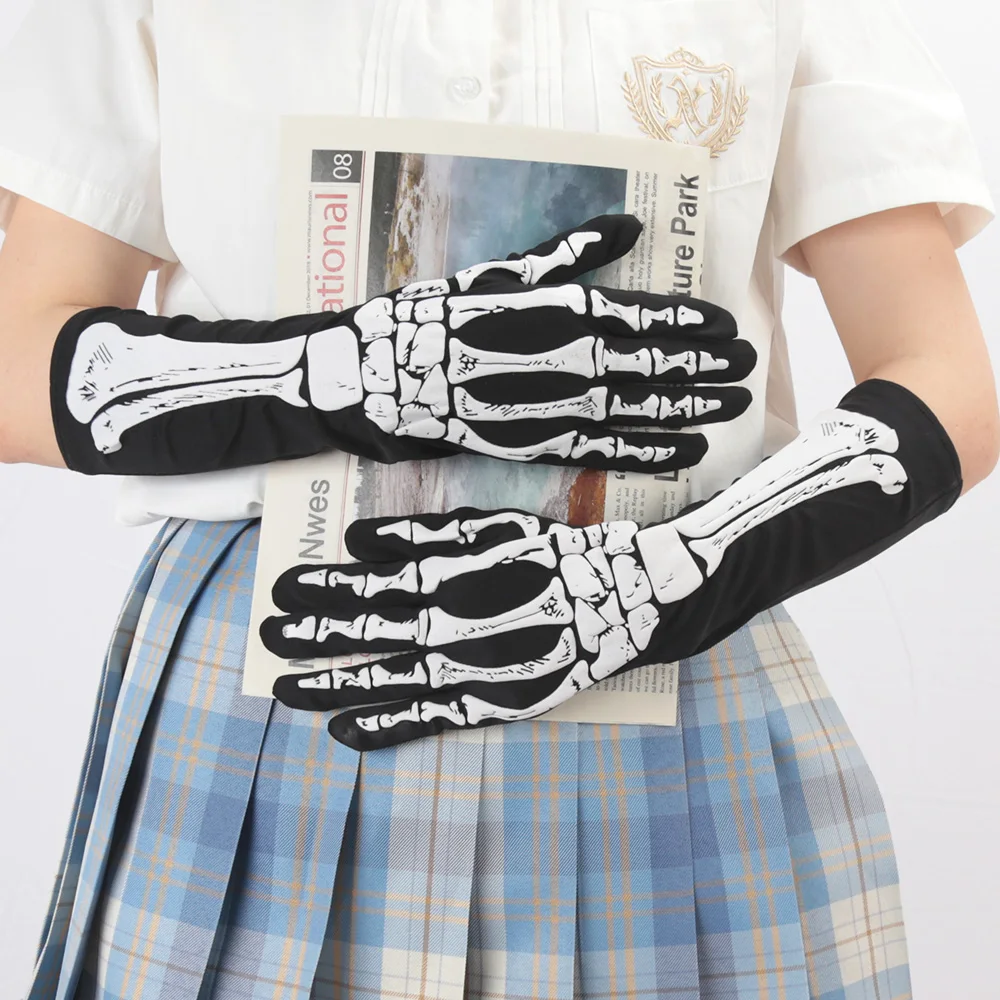 Halloween Printed Skull Cosplay Full Finger Gloves Women Dance Party Props Clothing Terror Gloves Accessory Adult