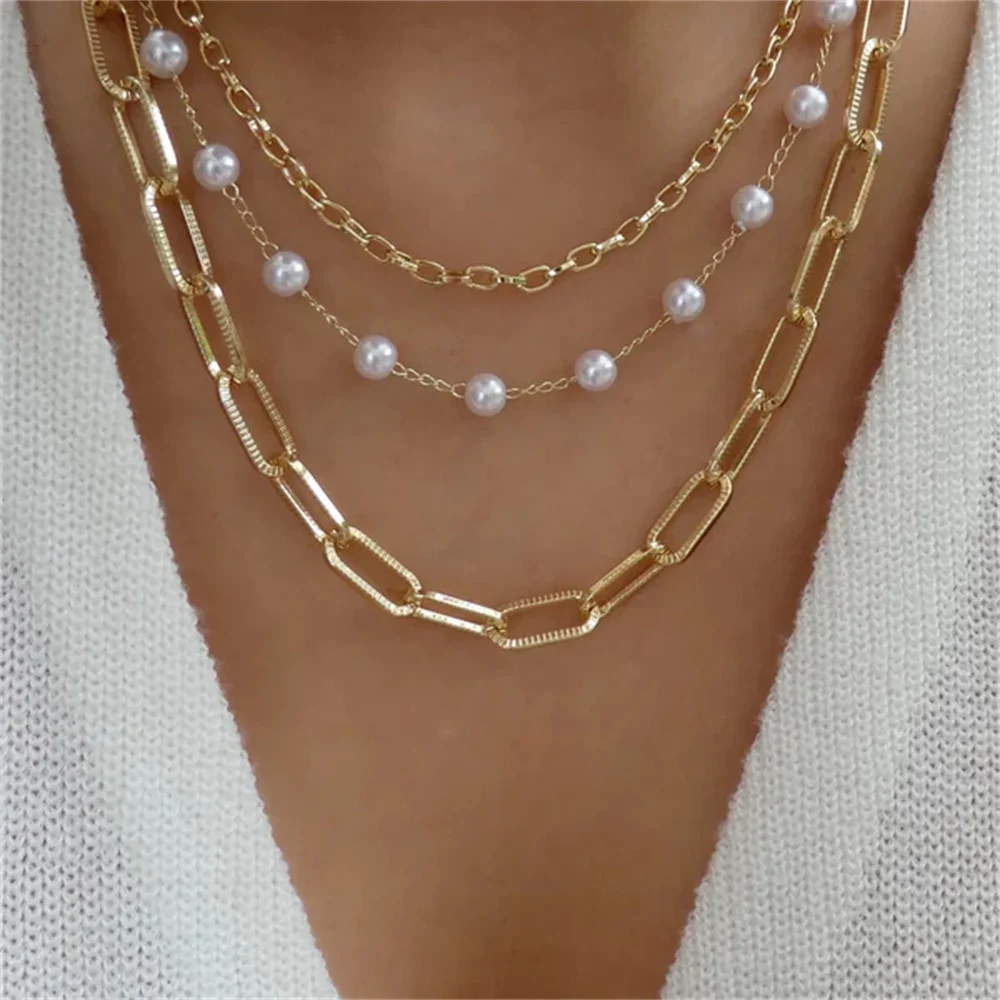 Bohemian Multilayer Irregular Pearls Multi-Level Golden Chain Necklaces Vintage For Women Necklace Fashion Wedding Jewelry Gift