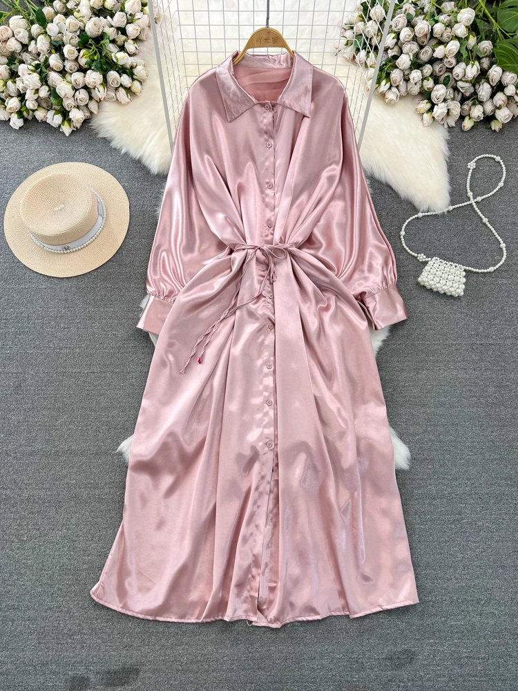 Matakawa Satin lange Kleider einreihig Frühling Herbst solide elegante Vestidos Mujer Mode einfache A-Linie Frauen Kleid