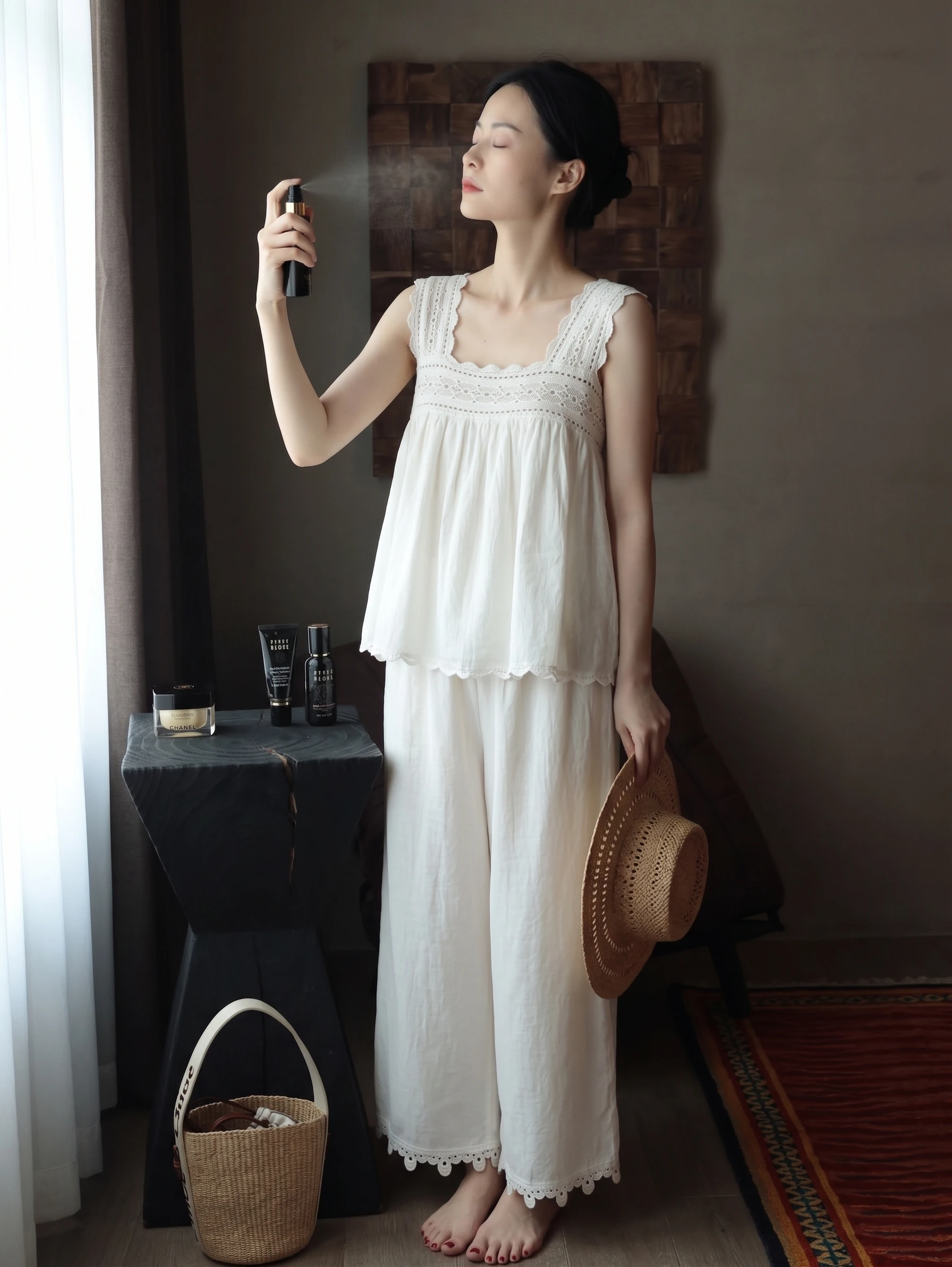 韓国ミニマリスト芸術的な白綿リネンストラップパジャマ女性夏新多用途ワイドレッグパンツホーム服セット