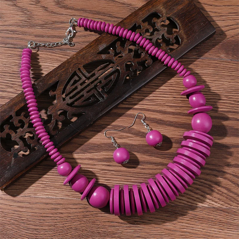 African Jewelry Set Wood Beads Necklace Set Bohemia Vintage Beaded Choker for Women Earrings Set Wedding Party Jewelry Gifts
