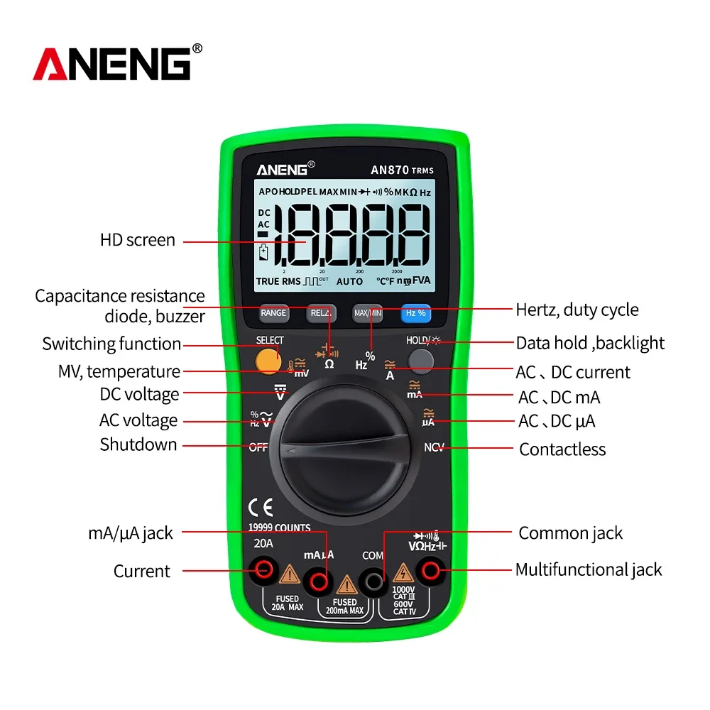 ANENG AN870  Digital Multimeter 19999 Counts profissional transistor electrical tester 600v multi volt esrmeter lead set