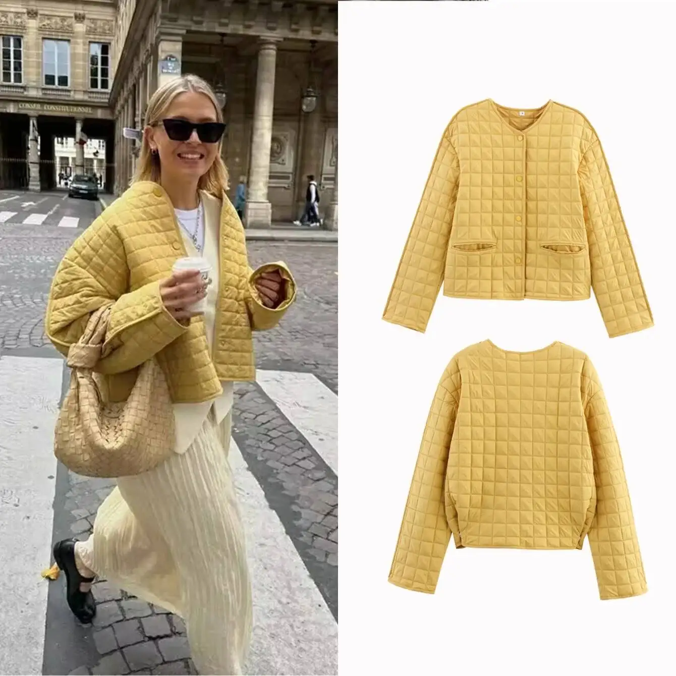 

2025 Autumn Winter Womens Fashion Grid Short Jacket Women O-Neck Long Sleeve Pocket Versatile Female Coat
