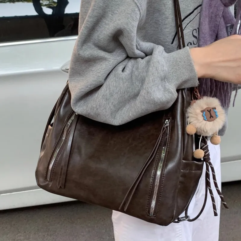 

Retro Solid Color Zipper Decoration Tote Bag Women Leather Large Capacity Shoulder Bag Ladies Fashion High End Underarm Bags New