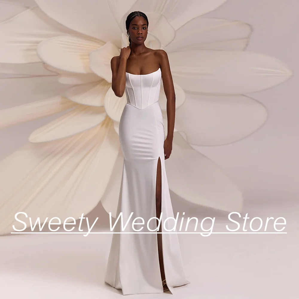 

Sexy Corset Wedding Dress Straplss Sleeveless High Slit Sweep Train Simple Mermaid Bridal Gown Vestido De Noiva Back Lace-up