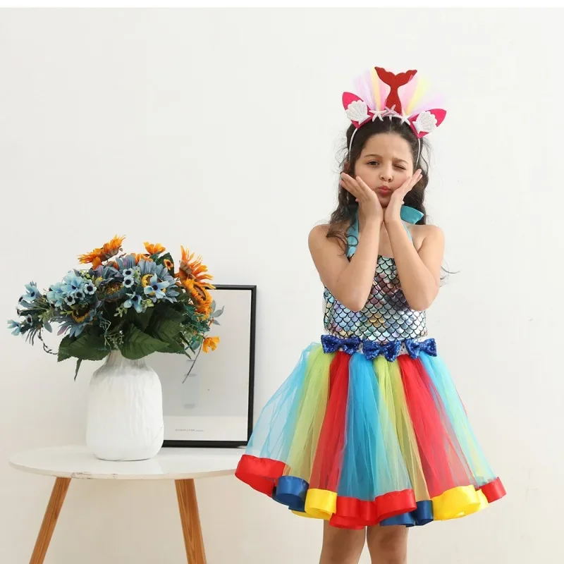 Little Mermaid Princess Dresses for Girls Kids Tutu Dress for Mermaid Birthday Party Costumes Halloween Clothes Set for Children