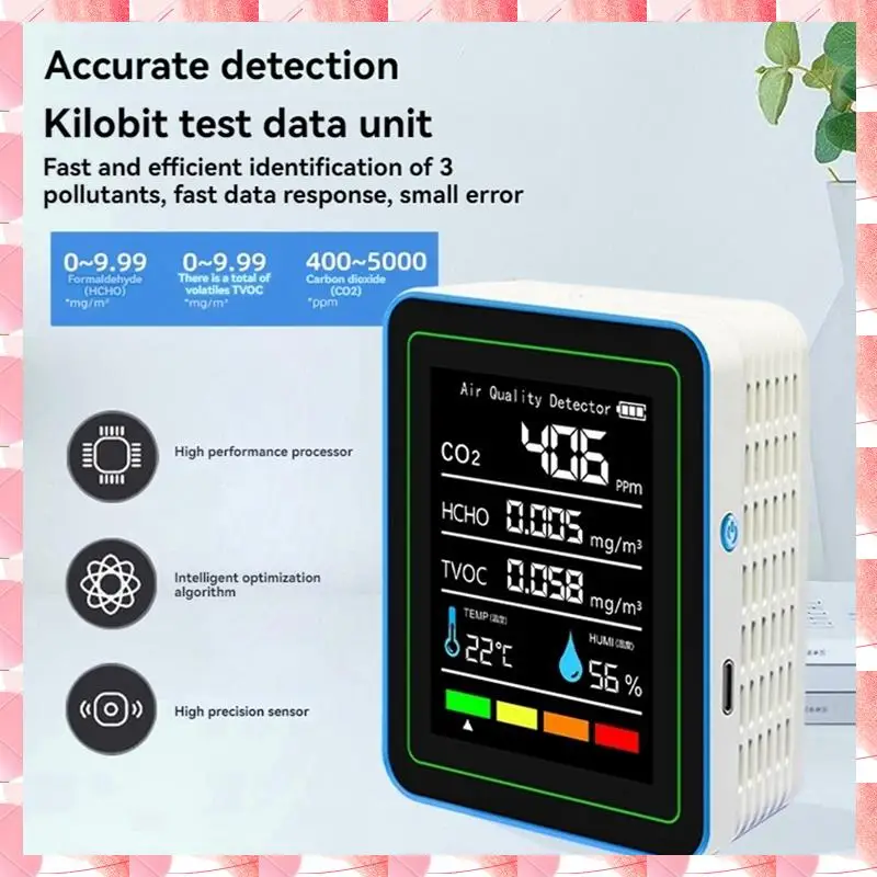 JAJA 5 In 1 Air Quality Monitor TVOC HCHO Temperature Humidity CO2 Meter, USB Rechargeable CO2 Detector