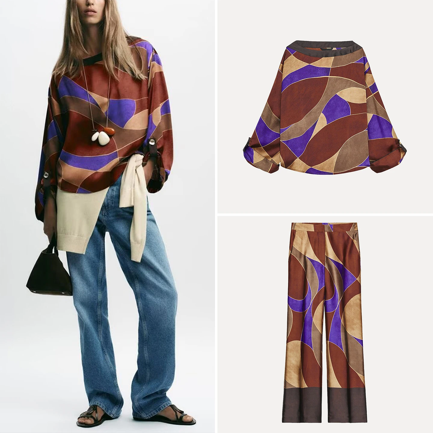 

Осень 2023, женский комплект из шелкового атласа с принтом и брюки, повседневный комплект для четырех сезонов, подходит для взрослых, бренд Z