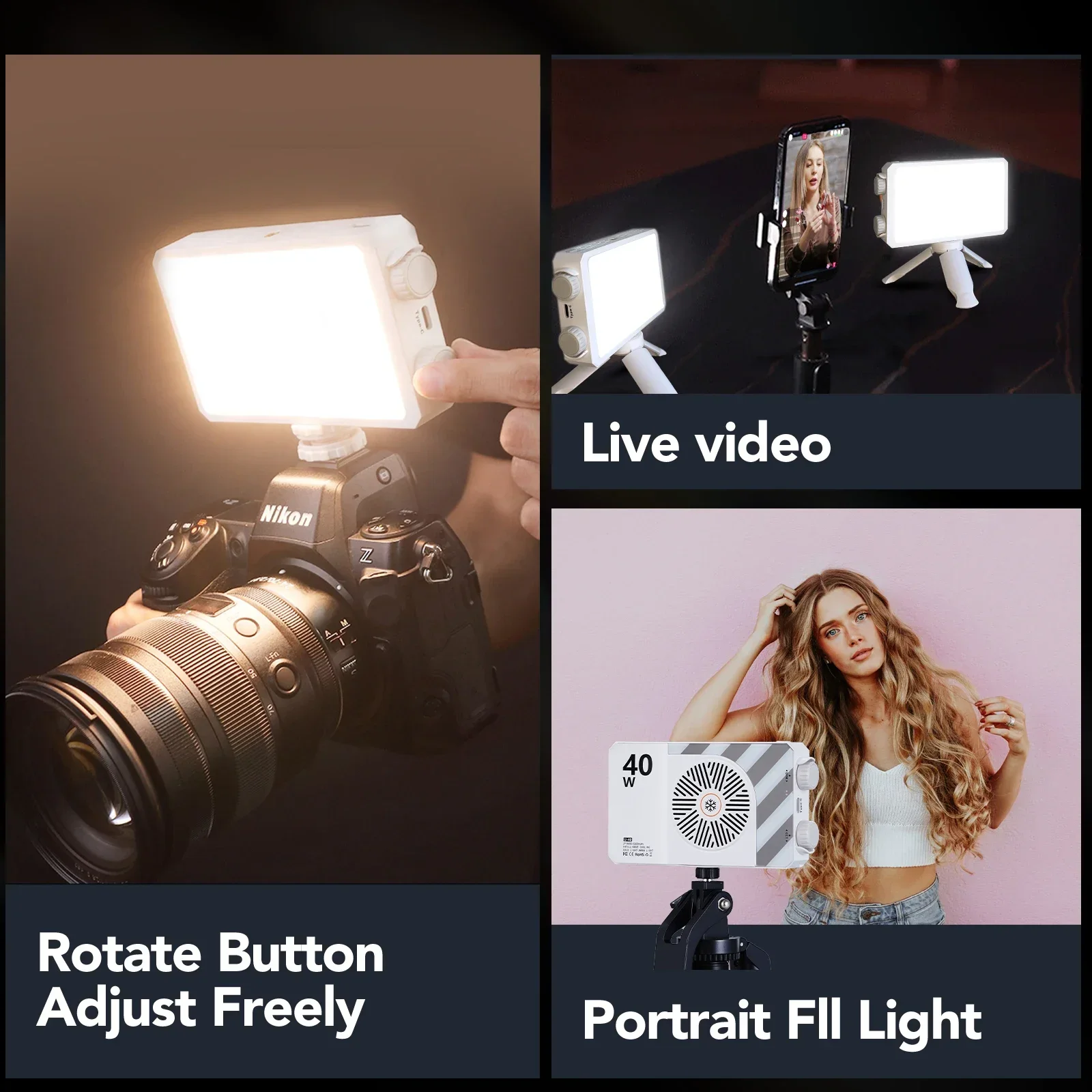 40W LED Camera Light CRI/TLCI 96+ 2700-6200K Bi-Color 6400mAh Photo Studio Video Lamp Handle Portable onCamera Photography Light