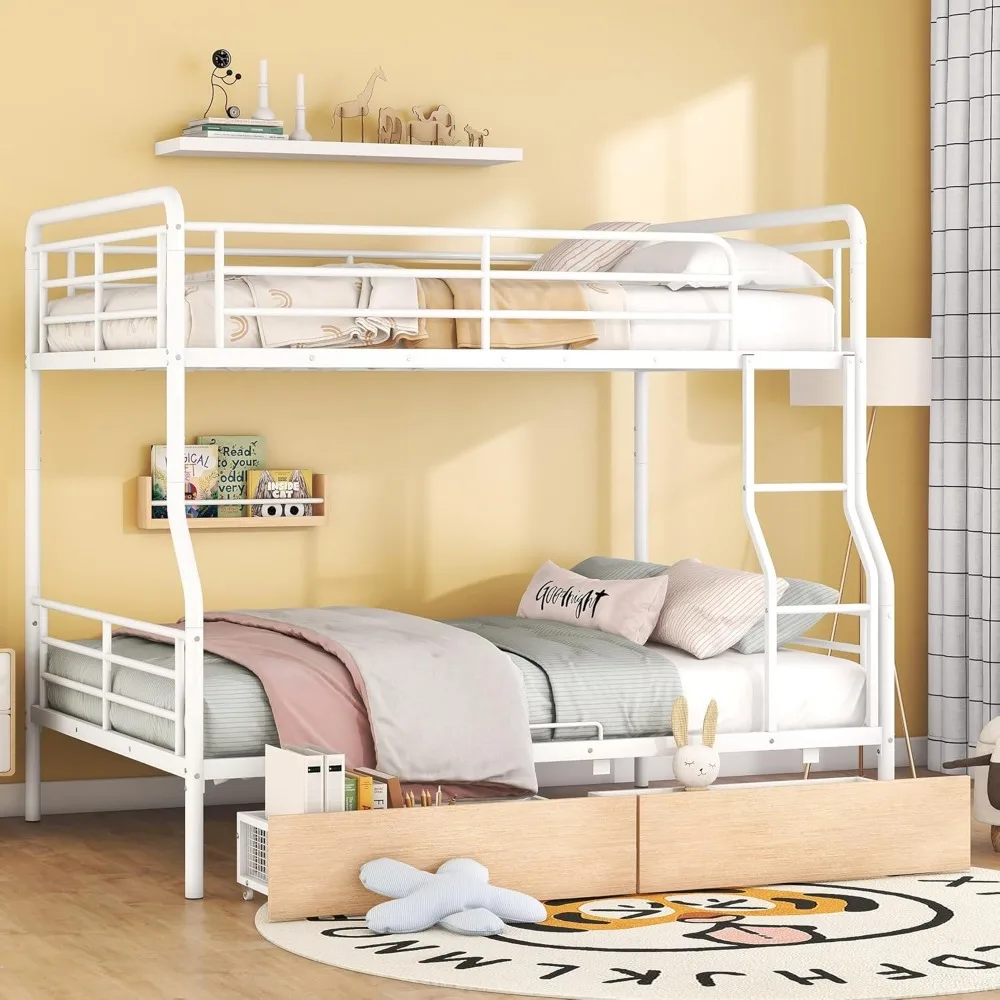 Metal Full XL Over Queen Bunk Beds with Storage, Heavy-Duty Full over Queen Bunk Bed with 2 Drawers for Boys Girls