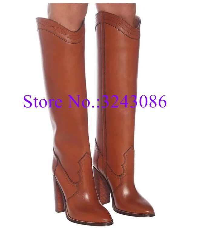 New Brown Leather Chunky Heel Woman Long Boots Fashion Thick Heel Near the Knee Boots Sexy Winter Female Shoes Dropship