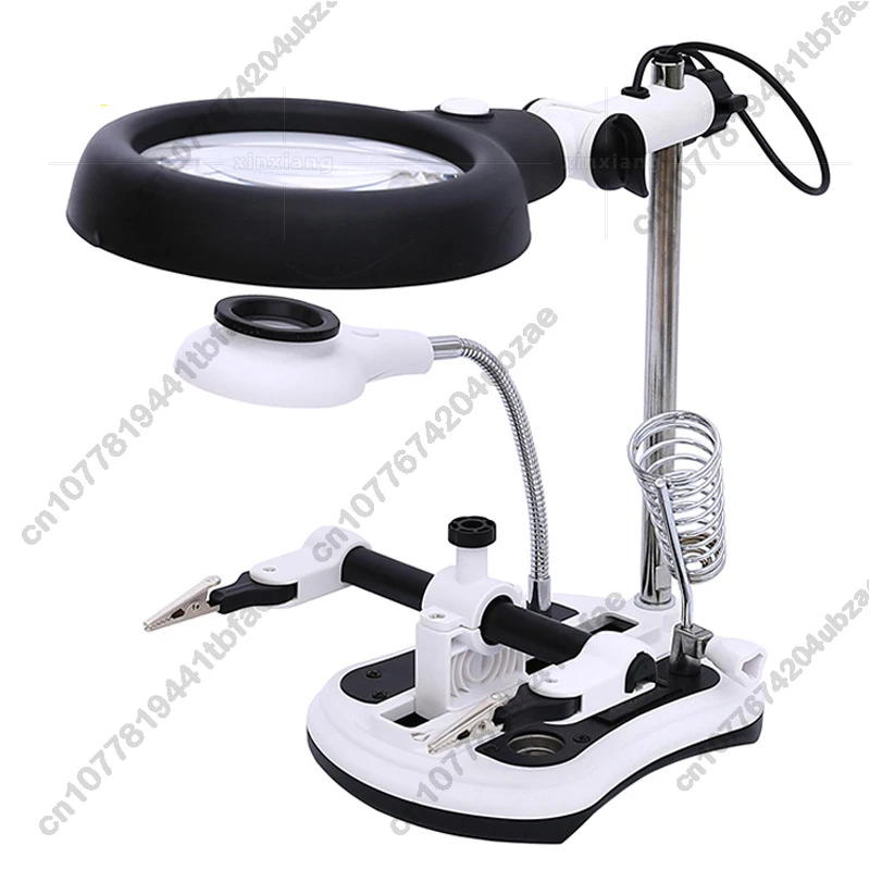 3-in-1 Welding Magnifier with 4 Lenses and 18 LED Lights, Clip-on Auxiliary Magnifier, Soldering Iron Stand