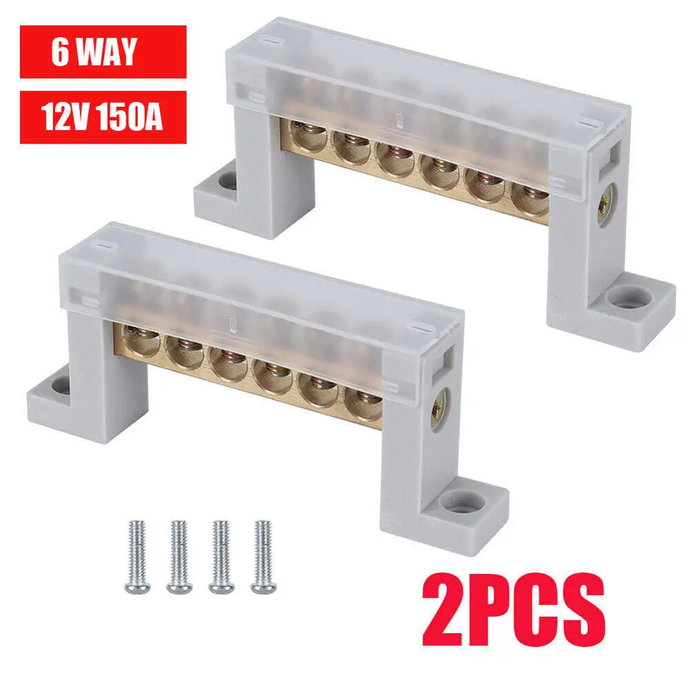 2PCS Copper Terminal 12V 150A 6 Way Bus Bar Ground Distribution Block Panel +12pcs Terminal