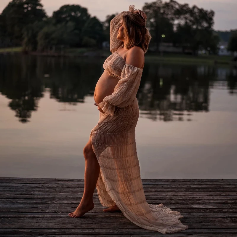 

Elegant Maternity Gown Photoshoot Dress Boho Style Pleated Chiffon Long Sleeve Off Shoulder Baby Shower Pregnancy Dress