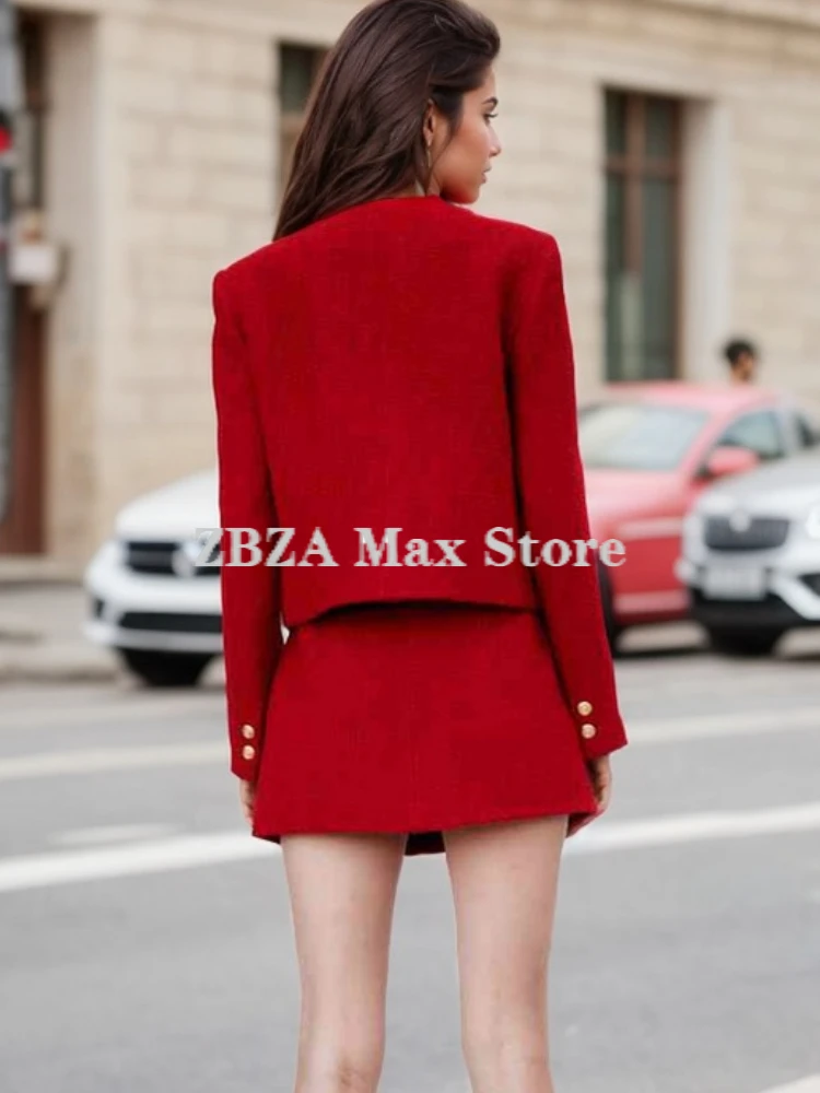 ZBZA Women Textured Blazer Skirt Suit Double Breasted O-Neck Pocket Jacket Slit High Waist Hidden Zip Skirt Fall Female Chic Set